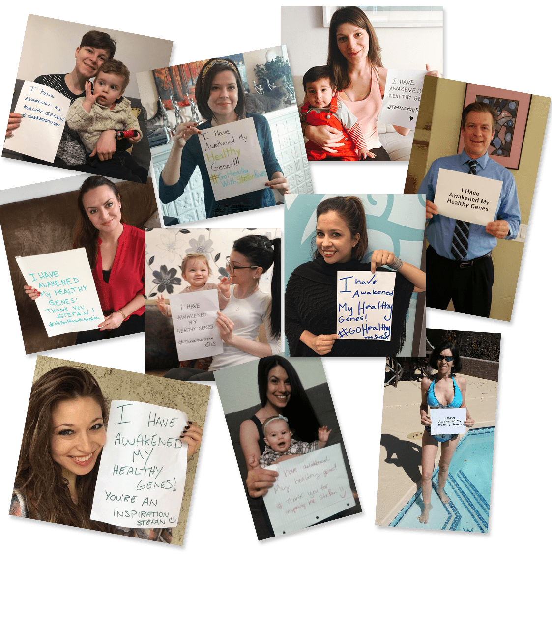 A collage of diverse people, including adults and children, smiling and holding signs that say "I Have Awakened My Healthy Genes," often thanking Stefan or using related hashtags.