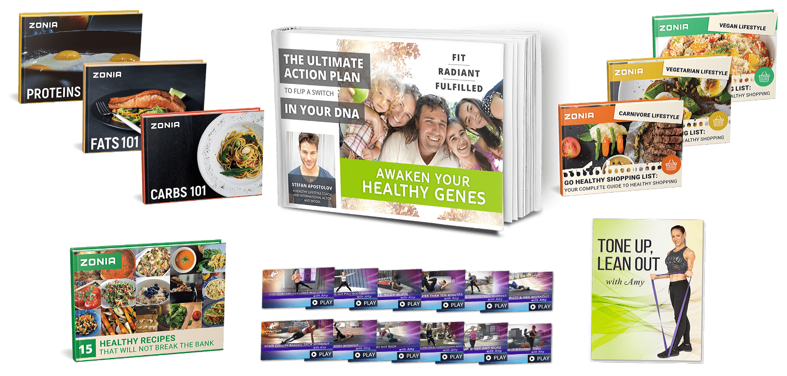A comprehensive collection of Zonia health and fitness products, featuring guides on proteins, fats, and carbs, a recipe book, and diet plans for vegan, vegetarian, and carnivore lifestyles with shopping lists. The main guide is 'The Ultimate Action Plan' by Stefan Apostolov, complemented by a series of workout videos and a 'Tone Up, Lean Out' fitness book with Amy.